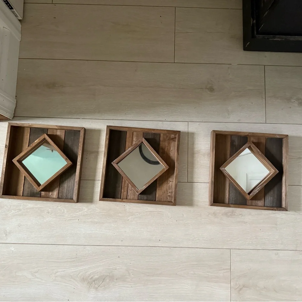 Rustic Brown Wooden Wall Mirror Set
